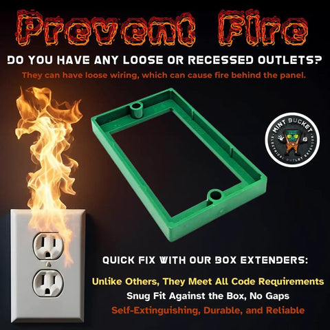 Three Eighths Inch Single Gang Outlet Box Extenders Pack Of Three, UL Listed Pro Grade Electrical Box Extenders For Outlets And Switches, Flush Mount With Wall, Gap Free, Safe Nonflammable Material, showing green extender with fire prevention warning.