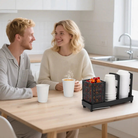 Couple with Go To Heavy Duty Coffee Cup Dispenser With Straws Holder And Lid Organizer on kitchen countertop