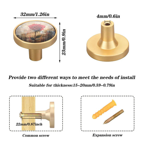 4 Pack Cabinet And Furniture Knobs Featuring Slick Vintage Red Rose Floral Design With Nifty Gold Hardware for easy install, 1.26in diameter.