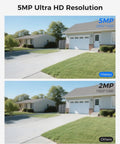 Comparison of 5MP and 2MP resolutions from Home Security Camera System With 4 Outdoor 5MP Cameras 16 Channel NVR And 10.1 Inch LCD Monitor Plug In Power 1TB HDD Local And Remote Viewing Motion Detection One Way Audio Dual Band WiFi Pro, showing a house and driveway.