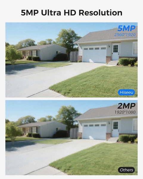 Comparison of 5MP and 2MP resolutions from Home Security Camera System With 4 Outdoor 5MP Cameras 16 Channel NVR And 10.1 Inch LCD Monitor Plug In Power 1TB HDD Local And Remote Viewing Motion Detection One Way Audio Dual Band WiFi Pro, showing a house and driveway.