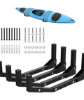 Slick Wall Mount Kayak Rack And Universal Garage Storage Hooks For Quick Gear Stash Out with black hooks and blue kayak.