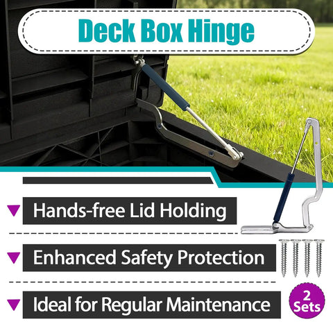 Hydraulic Deck Box Hinges Replacement Kit for Most Outdoor Storage Boxes Includes 2 Sets With 8 Screws for Easy Lid Repair and Smooth Quiet Operation Reliably shown with screws and hinge details.