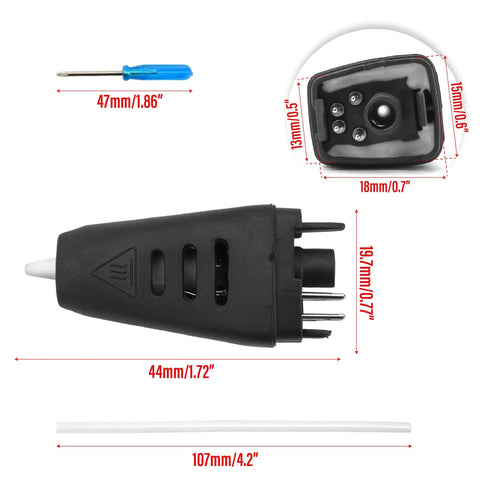 Replacement 3D Pen Nozzle For Pro 3D Printing Scribbler With Quick Snap In Design No Tools Needed Easy Swap Fits One Point Seven Five Millimeter ABS PLA Filaments RP800A RP600A V4 OLED Screen Spare Tip And Screwdriver, components and measurements shown.