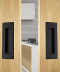 Recessed Pocket Door Pulls 6 Inch Black Stainless Steel Flush Pull Handles on wooden door for sliding doors and closets, modern hardware