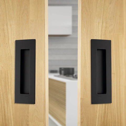 Recessed Pocket Door Pulls 6 Inch Black Stainless Steel Flush Pull Handles on wooden door for sliding doors and closets, modern hardware