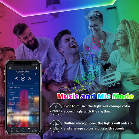 Group enjoying party with 100Ft RGB LED Strip Lights With Music Sync, Smart Color Changing Rope Lights in background