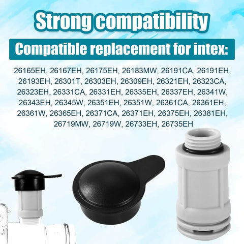 Two Pack Air Jet Valve And Cap Replacement For Above Ground Pools Fits 26165EH 26167EH 26175EH 26183MW 26191CA 26191EH And More Includes 2 Valves And 2 Caps Durable Rubber Construction Easy Install DIY Friendly Leak Proof, product components shown on blue background with compatibility list.