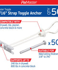 Heavy Duty Toggle Bolt Strap Anchors Kit 50 Pack With 50 Steel Threaded Studs 3/16-24 UNC Fasteners For Drywall Plasterboard Wood Tile And Concrete Perfect For TV Mounting And 240 Lb Holding Strength, 3/16 strap toggle anchor