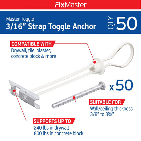 Heavy Duty Toggle Bolt Strap Anchors Kit 50 Pack With 50 Steel Threaded Studs 3/16-24 UNC Fasteners For Drywall Plasterboard Wood Tile And Concrete Perfect For TV Mounting And 240 Lb Holding Strength, 3/16 strap toggle anchor