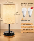 Set Of 2 Bedside Table Lamps For Bedroom And Living Room With 3 Way Dimmable Rocker Switch And Built In AC Outlet Flaxen Fabric Shade Black Base Nightstand And Desk Lamp For Cozy Home Decor, showing lamp dimensions and features with two included bulbs