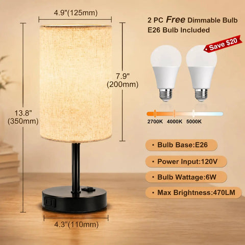 Set Of 2 Bedside Table Lamps For Bedroom And Living Room With 3 Way Dimmable Rocker Switch And Built In AC Outlet Flaxen Fabric Shade Black Base Nightstand And Desk Lamp For Cozy Home Decor, showing lamp dimensions and features with two included bulbs