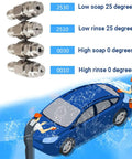 Four Way Pressure Washer Nozzle With One Fourth Inch Quick Connect For 4 GPM Units, illustration of spray modes on car