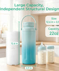 Portable Breast Milk Chiller With Two Bottles Insulated 22 Oz Cooler, 12.6 in tall, includes 22 oz milk bottle and ice pack.