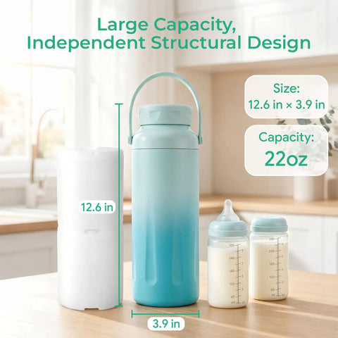 Portable Breast Milk Chiller With Two Bottles Insulated 22 Oz Cooler, 12.6 in tall, includes 22 oz milk bottle and ice pack.
