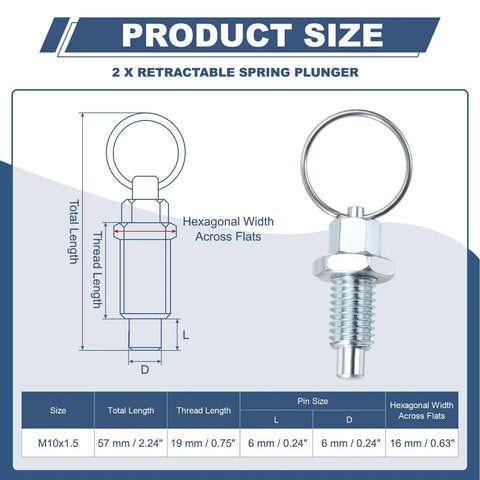 Badass Durability M10x1.5 Carbon Steel Spring Plunger 2 Pack With Slick Pull Ring Retractable Indexing Pin dimensions chart.
