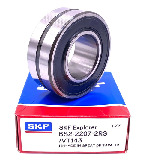 Sealed Spherical Roller Bearing 35x72x28 Mm With 2RS VT143 Dual Seals For Heavy Duty Jobs Like Motors Gearboxes Conveyors And CNC Equipment Designed For Smooth Operation In Tough Environments, SKF bearing on box