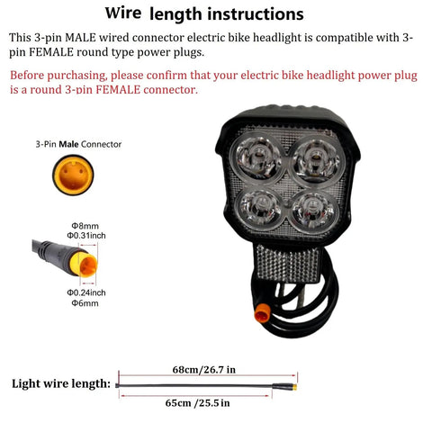 Front Light With All In One Horn For E Bikes And E Scooters Bright LED Headlight With 80dB To 100dB Horn And Waterproof 3 Pin Connector Perfect For Night Riding Works With 36V 48V 12V To 60V Electric Bikes