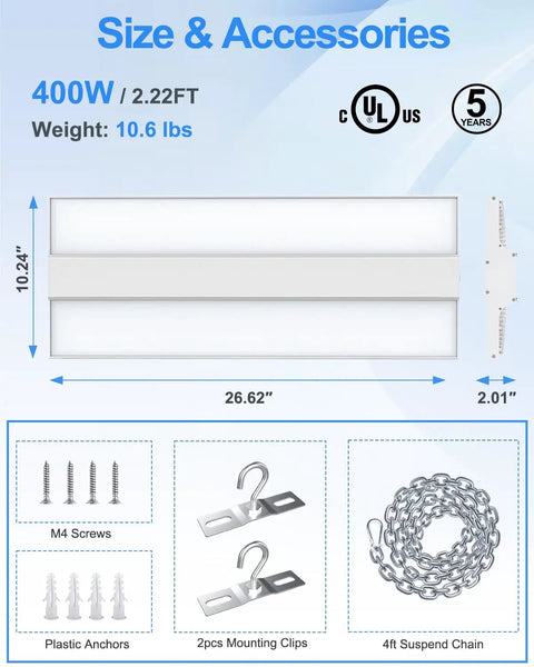 400W high bay LED light dimensions and accessories, including screws, mounting clips, and suspend chain.
