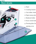 Portable Money Counter Machine Mini Bill Counter For Fast Cash Counting Lightweight Pocket Sized Currency Counter With Battery Backup And USB Power Ideal For Home Office On The Go; detailed view of parts labeled with letters.