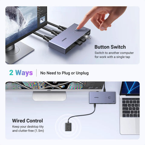 HDMI KVM Switch For One Monitor And Two Computers, 8K60Hz Ready, Aluminum Chassis, Shares Four USB 3.0 Ports For Keyboard, Mouse, Drives And Printer, Easy Seamless Switching; button control