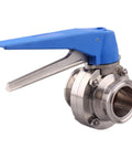 Blue Trigger 1.5 Inch Tri Clamp Butterfly Valve Made From 304 Stainless Steel Clover Body, 13 Position Handle, Side View