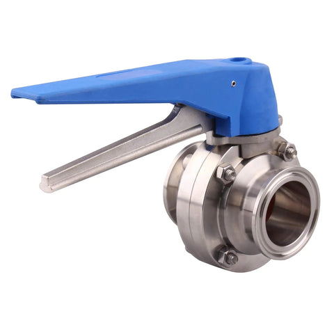 Blue Trigger 1.5 Inch Tri Clamp Butterfly Valve Made From 304 Stainless Steel Clover Body, 13 Position Handle, Side View