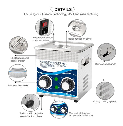 Heavy Duty 1.3L Ultrasonic Cleaner Machine With Cooling Fan And Double Safety Switch features stainless steel body and tank.