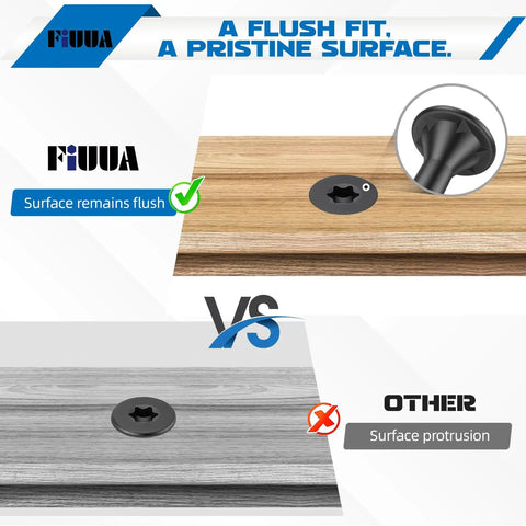 Pro Grade Heavy Duty Star Drive Deck Screws 10 By 3 Inch Black shown in flush vs protruding comparison on wooden surface.