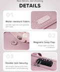 Details of pink water-resistant fabric, magnetic snap flap, double-lock security on Rolling Laptop Bag For Women With Dual Lock And Wheels 16 Inch Computer Briefcase TSA Friendly Locks On Main And Laptop Compartments Underseat Carryon Luggage For Work Travel And Business