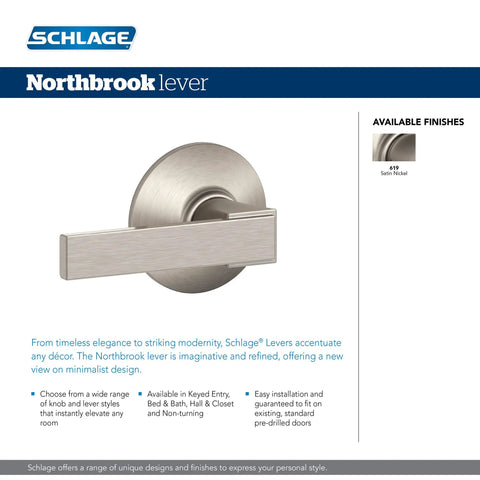 Northbrook Door Lever With Upland Trim Satin Nickel Privacy Lock For Bedroom And Bath No Fuss Installation Push Button Inside Unlock Emergency Pin Key Self Aligning Screws