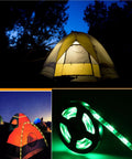 6.56 Feet Battery Powered LED Strip Lights For Indoor And Outdoor Use Waterproof With 24 Key Remote wrapped around a camping tent.