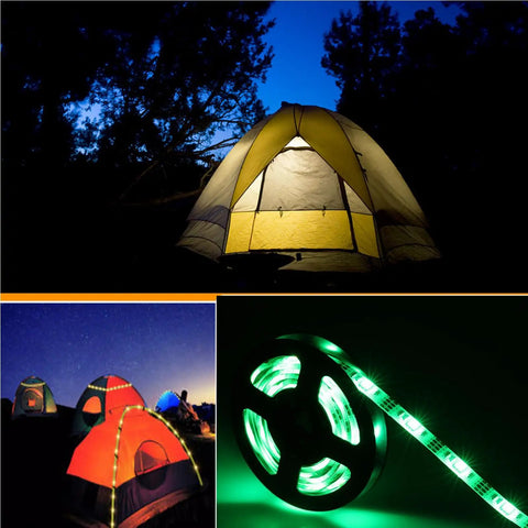 6.56 Feet Battery Powered LED Strip Lights For Indoor And Outdoor Use Waterproof With 24 Key Remote wrapped around a camping tent.