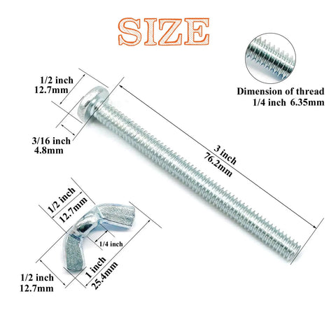 Diagram of 1/4-20 Wing Nuts And 1/4-20 X 3-Inch Phillips Head Machine Screws Kit dimensions, zinc plated.