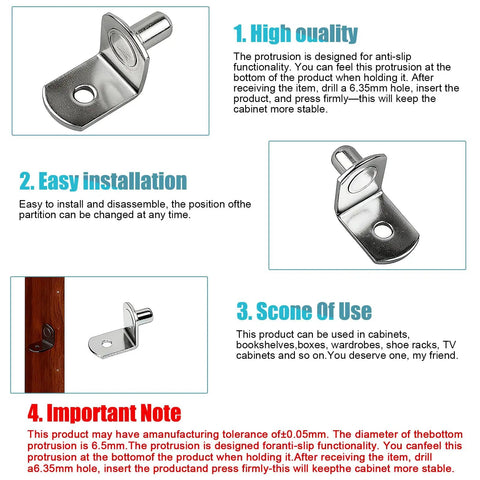 Heavy Duty Nickel Plated Shelf Pins 50 Pack 1/4 Inch L Shaped Cabinet Pegs detailed view showing installation and anti-slip feature.