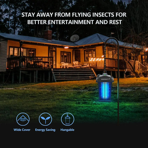 Outdoor Bug Zapper Plug In 4000V Mosquito Killer Waterproof With Dusk To Dawn Sensor in garden with glowing UV light