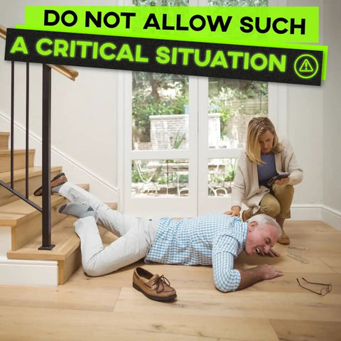 Elderly man fallen on stairs, highlighting need for Heavy Duty Grip Tape For Stairs With Glow In The Dark Strips Waterproof Anti Slip Non Skid Tape For Indoor Outdoor Steps 2 Inch Wide By 35 Feet Black Traction And Night Visibility