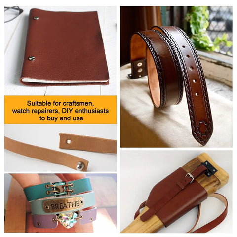 Collage of leather crafts showcasing belts, watch bands, and journals suitable for use with Beefy 12mm Round Gasket Punch Tool Heavy Duty.