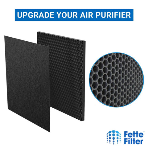 3-In-1 Replacement True HEPA Filters for Home Air Purifiers, showing two black filters and close-up of texture.