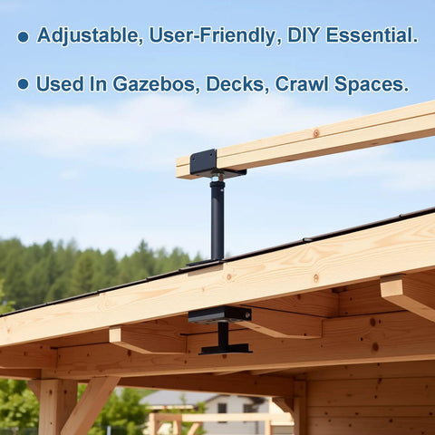 Heavy Duty U Shaped Floor Jacks 4 Pack Adjustable Steel Teleposts on a wooden structure, 6 to 9 inches height support.