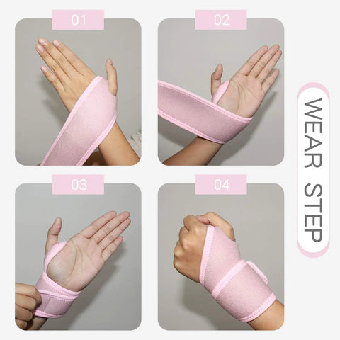Four-step guide for wearing a 2 Pack Adjustable Wrist Brace For Sports Pain Relief And Injury Recovery, Reversible Left Or Right Hand Support