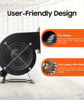 Side view of heavy duty centrifugal blower fan round squirrel cage with copper motor for outdoor wood furnace and boiler