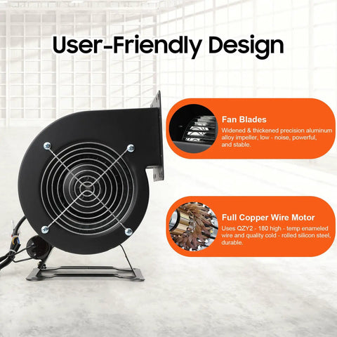 Side view of heavy duty centrifugal blower fan round squirrel cage with copper motor for outdoor wood furnace and boiler