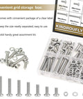 Stainless Steel M6 Pan Head Machine Screw Kit With Nuts And Washers, 102-Piece Assortment in organized storage box