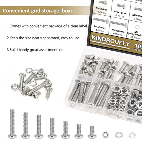 Stainless Steel M6 Pan Head Machine Screw Kit With Nuts And Washers, 102-Piece Assortment in organized storage box