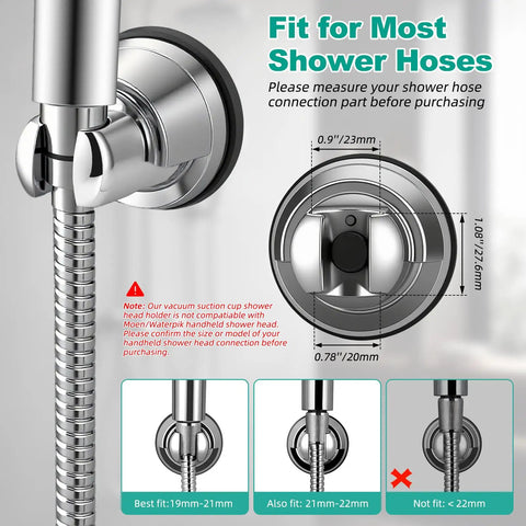 Vacuum Suction Cup Shower Head Holder With Removable Wand Bracket, detail view with fit guide for shower hoses