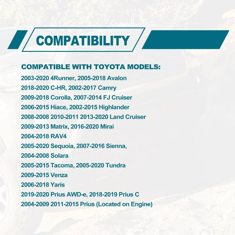 Engine coolant temperature sensor compatibility chart listing Toyota/Lexus models and years (2003–2020).