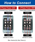 Self-Locking 3-Phase Push Button Switch 30A 380V AC wiring diagram showing connections for 2-phase and 3-phase setup.