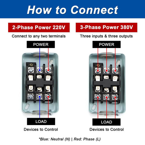 Self-Locking 3-Phase Push Button Switch 30A 380V AC wiring diagram showing connections for 2-phase and 3-phase setup.
