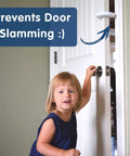 Child near door with Finger Pinch Guard For Doors 2 Pack Baby Proof Door Stopper With Soft Foam Keeps Doors From Slamming.